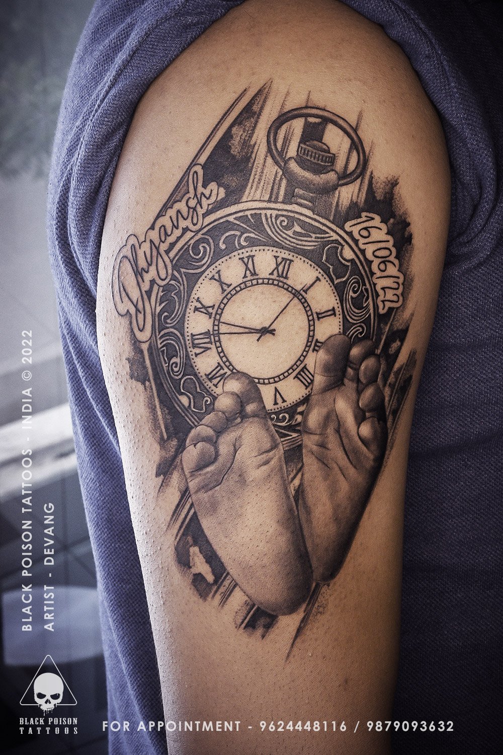 Pocket Watch Tattoo with Name & Birth Date on Shoulder: Timeless and Meaningful Ink