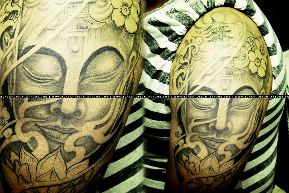 Full Sleeve Tattoo of Lord Buddha with Buddhist Temple & Lotus