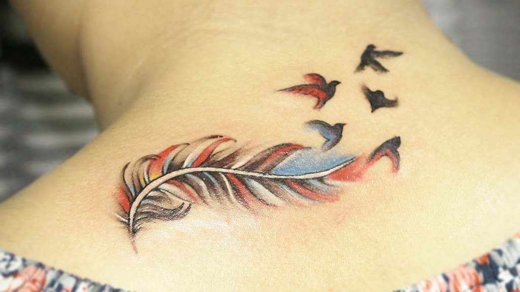 Colorful Feathers Tattoo with Birds