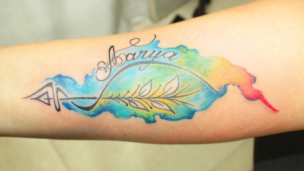 Artistic Custom Brightly Water Colored Lettering Tattoo