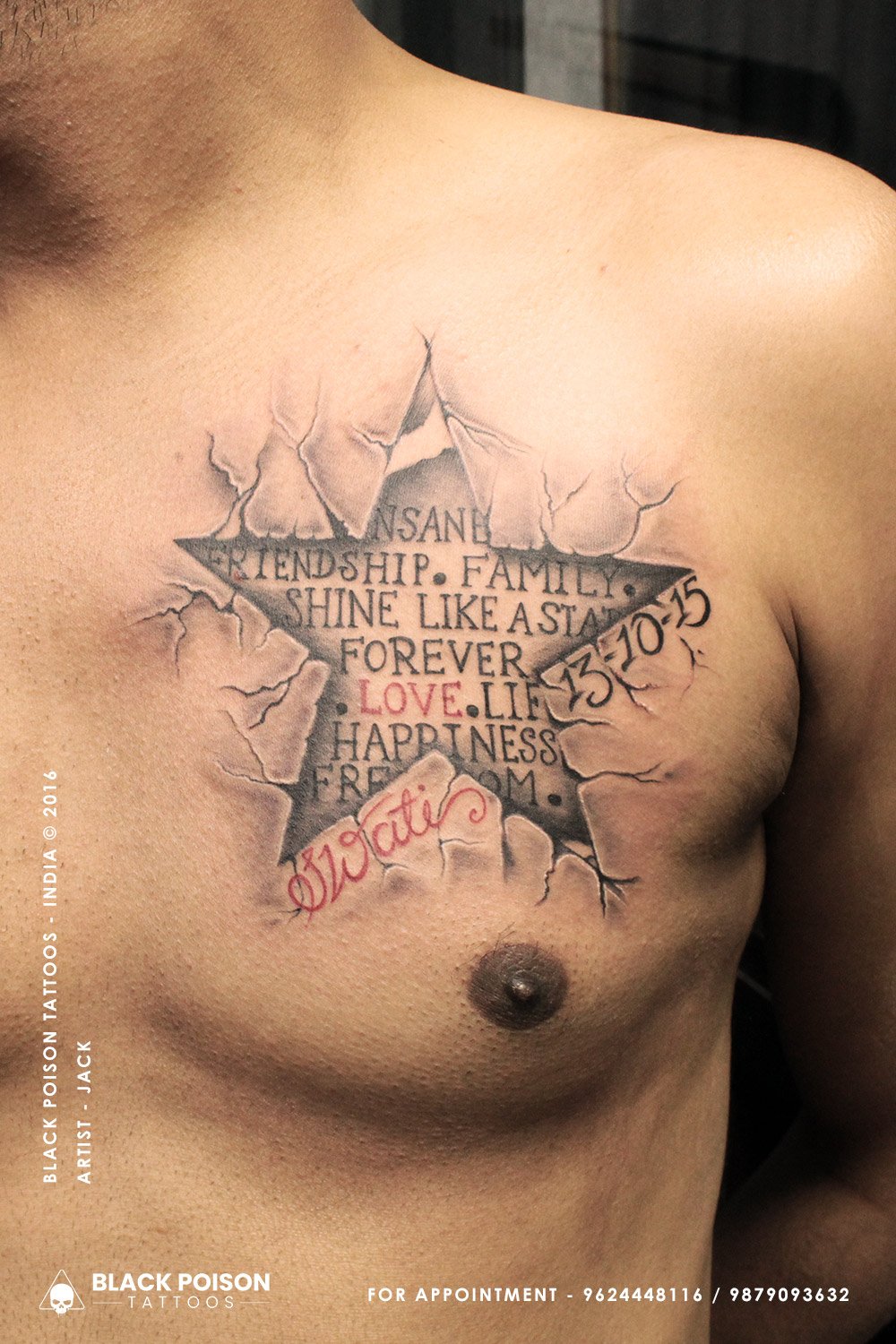 Shining Bright: 3D Star Tattoos with Inspiring Words for Your Chest